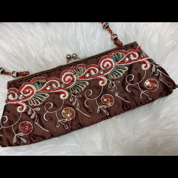 💕3/$50💕Beaded Clutch Brown Gold Long Short Strap - Picture 2 of 6